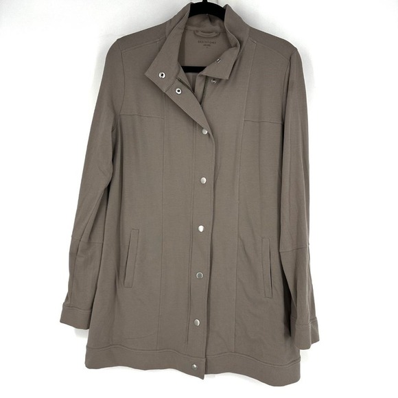Eileen Fisher Stand‎ Collar Zip/Snap Long Organic Cotton Jacket Taupe Tan Medium - Picture 10 of 11